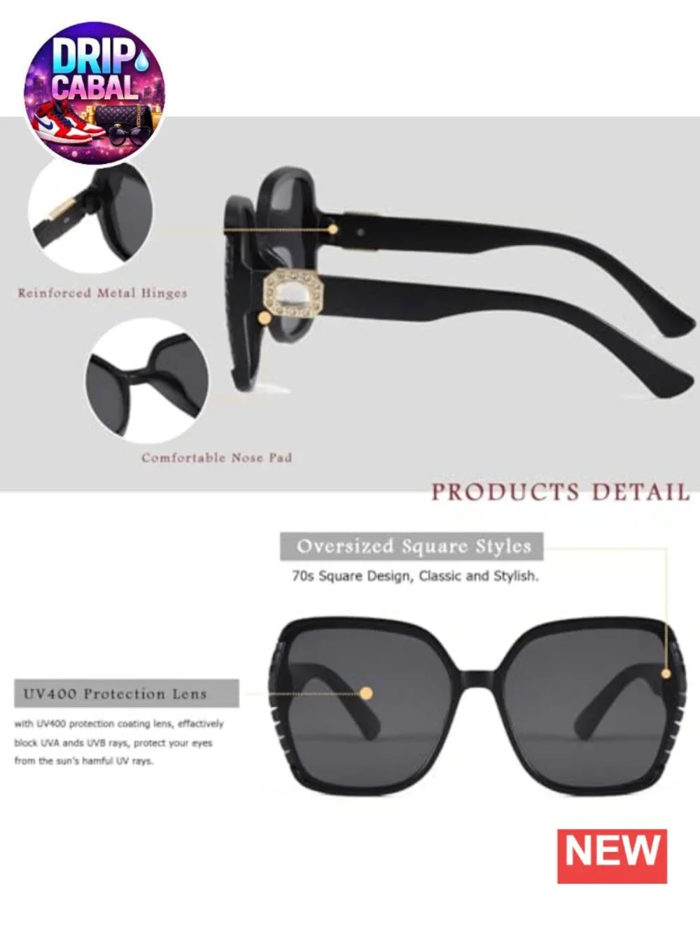 Oversized Square Sunglasses Women Vintage Crystal Retro Glasses UV400